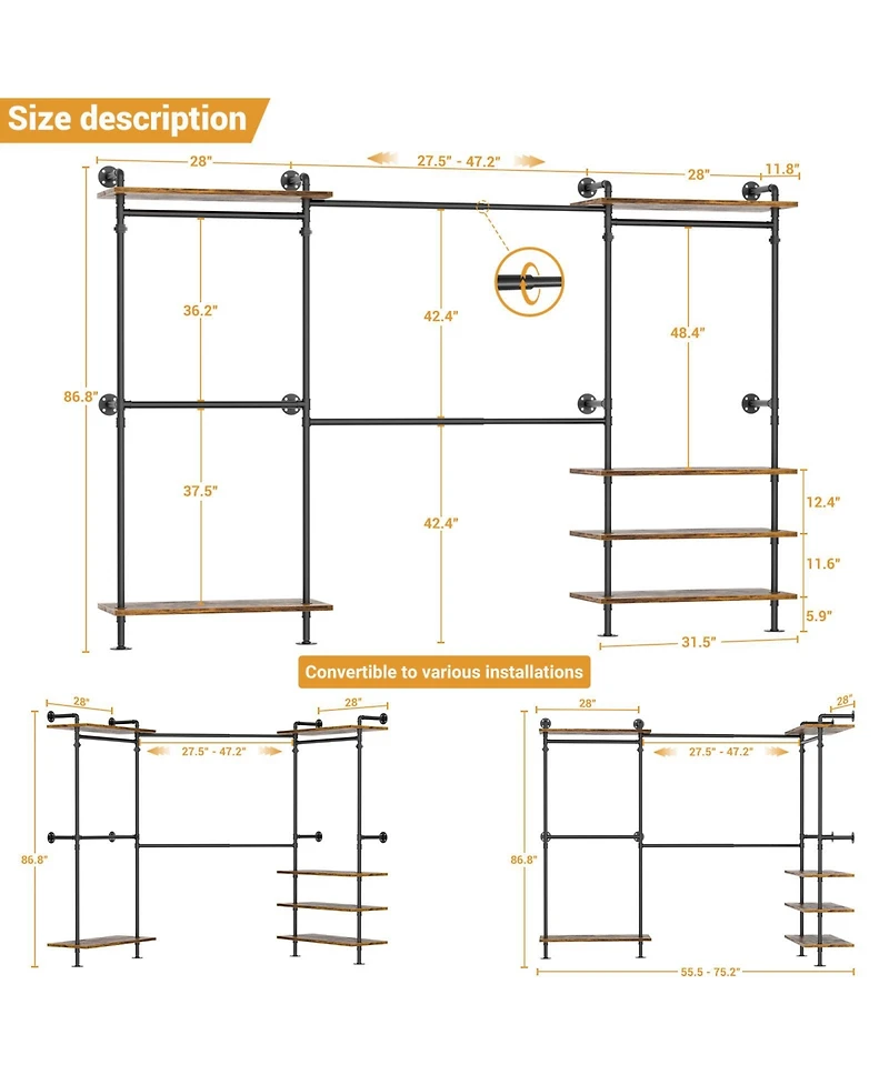 Aheaplus Clothing Rack,Garment Rack With 3 Wood Shelves, Organizer Rack Wall Mounted