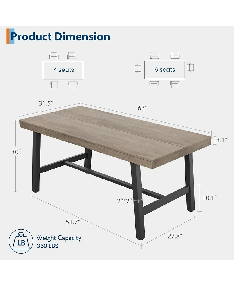 Gaomon Kitchen Table Industrial Dining Table for 4-6 People 63 in Long Wooden Kitchen Table