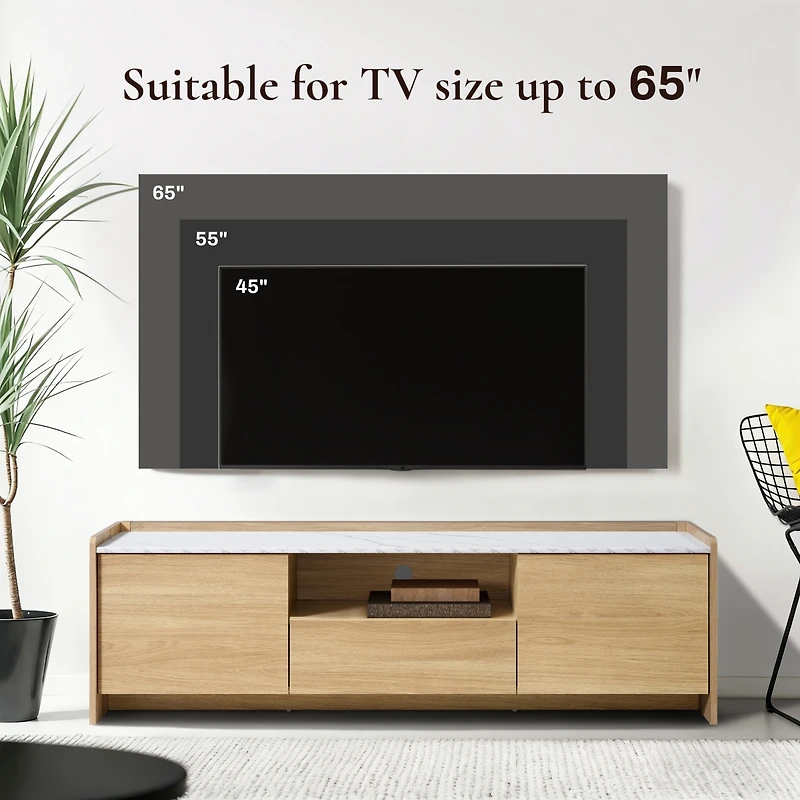 LuxenHome Hazel Oak 62.4” Wide Tv Media Console with 2 Doors & Open Storage, Faux Marble Top, Manufactured Wood