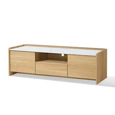 LuxenHome Hazel Oak 62.4” Wide Tv Media Console with 2 Doors & Open Storage, Faux Marble Top, Manufactured Wood