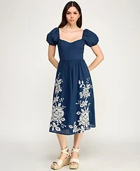 Row A Women's Embroidered Sweetheart Neck Midi Dress