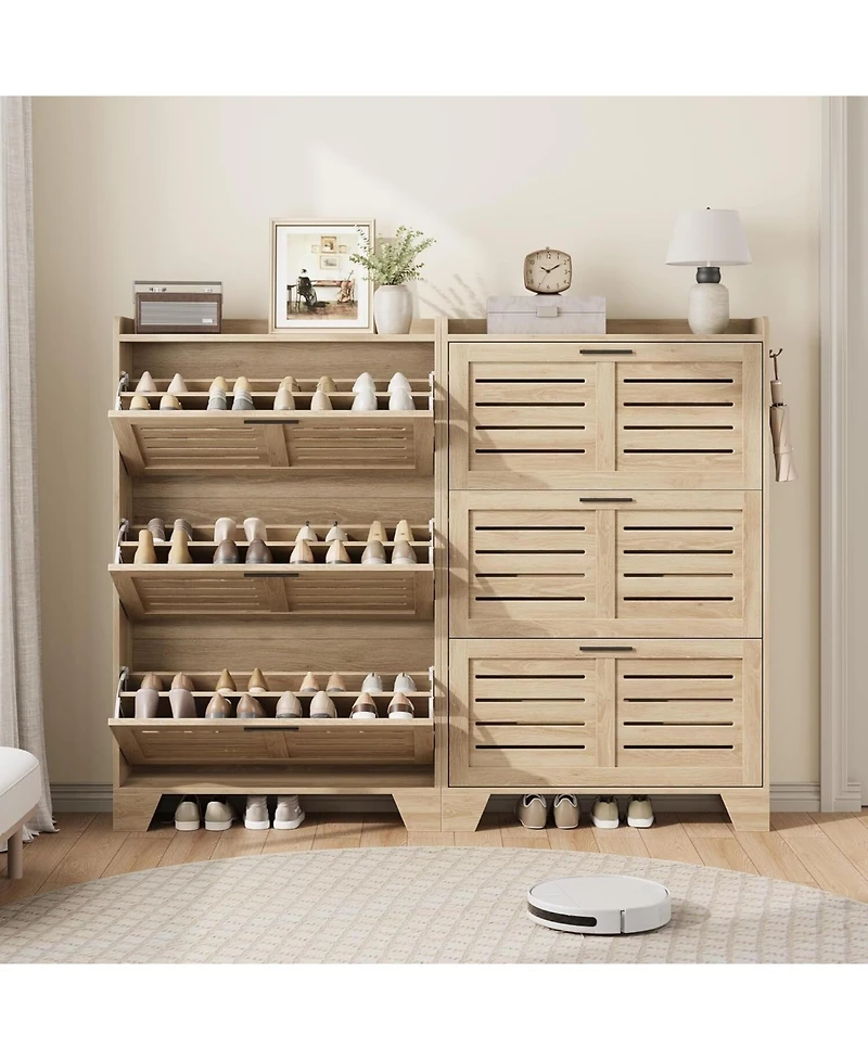 gaomon Shoe Storage Cabinet with 3 Flip Drawers, Freestanding Shoe Organizer Storage for Entryway with 2 Side Hooks, Shoe Rack Cabinet, Natural Oak