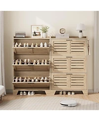 gaomon Shoe Storage Cabinet with 3 Flip Drawers, Freestanding Shoe Organizer Storage for Entryway with 2 Side Hooks, Shoe Rack Cabinet, Natural Oak