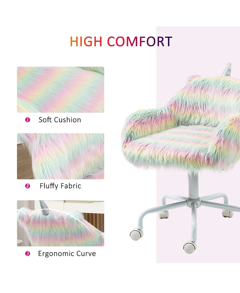 Boyel Living Fluffy Unicorn Office Chair with Mid-Back Armrest Support Rainbow Design