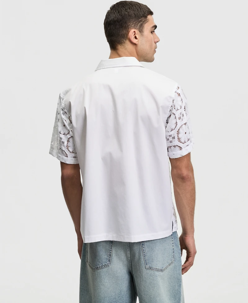 Mode of One Men's Relaxed-Fit Spliced Lace Short-Sleeve Shirt, Macy's Exclusive
