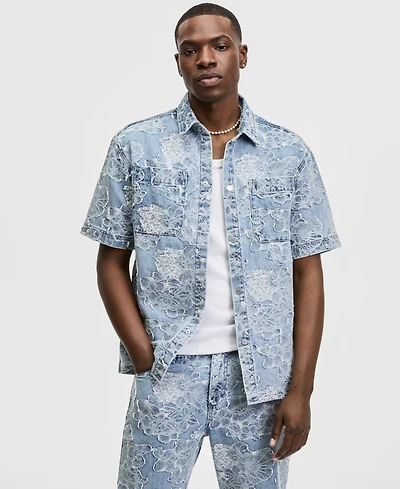 Mode of One Men's Meadow Short-Sleeve Jacquard Denim Shirt, Macy's Exclusive