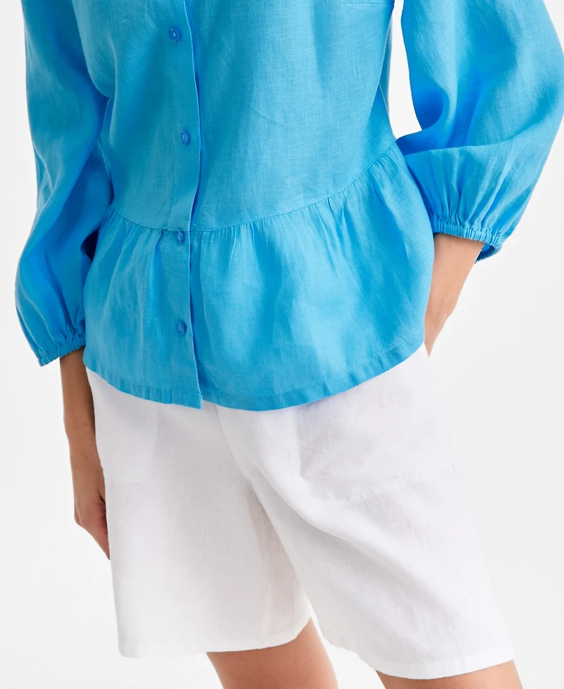 Charter Club Women's 100% Linen Blouson-Sleeve Peplum Top, Macy's Exclusive