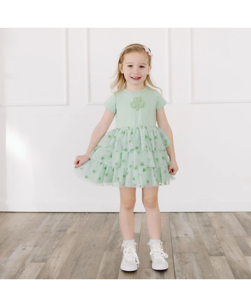 Sweet Wink Toddler Girls Flocked Shamrock St. Patrick's Day Tiered Short Sleeve Tutu Dress