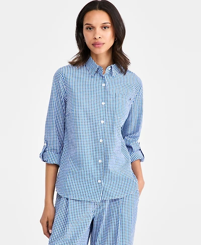 Tommy Hilfiger Women's Gingham Print Roll-Tab Shirt