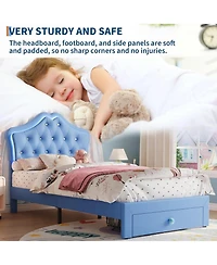gaomon Twin Bed Frame with Led Lights, Velvet Crystal Headboard, Upholstered Platform, Drawer, Blue