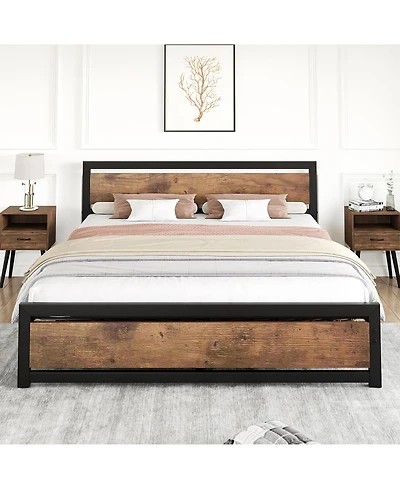 gaomon Queen Industrial Platform Bed Frame with Headboard, Retro Brown Support, No Box Spring, Easy Assembly