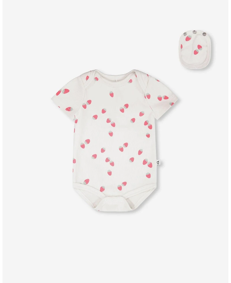 Draft - Deux par Baby Girls Evolutive Cotton Rib Jersey Onesie White Printed Strawberries