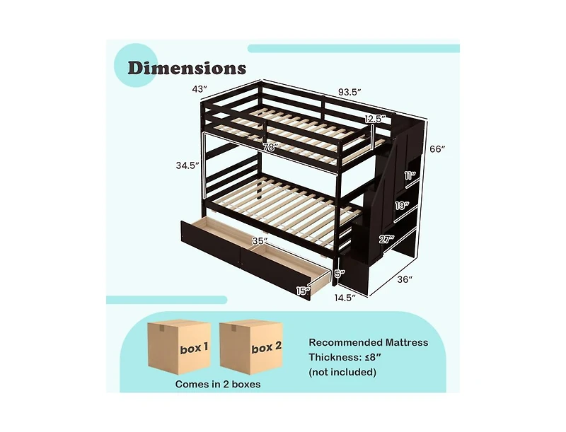 Slickblue Bunk Bed Twin-Over-Twin with Storage Steps and Drawers - 43