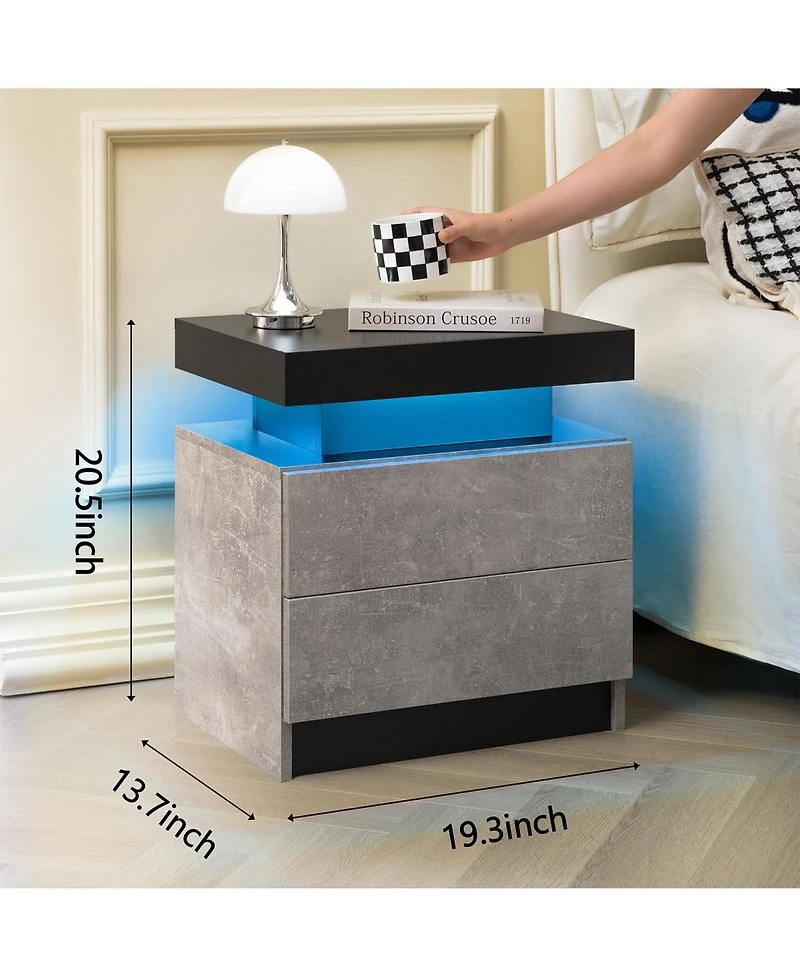 Rainsken Led Nightstand with 2 Drawers, Bedside Table Cabinet with Adjustable Color Lighting, Modern End Side Table for Bedroom