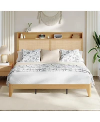 gaomon Rattan Queen Size Bed Frame with Led Lights, Boho Wood Bed, Storage Headboard, Charging Station, No Box Spring