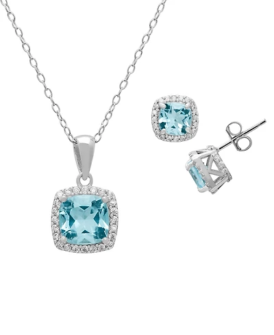 Macy's 2-Piece Lab-Grown Aquamarine (1.54 ct. t.w.) & Lab-Grown White Sapphire (0.48 ct. t.w.) Pendant Necklace and Earrings Set in Sterling Silver