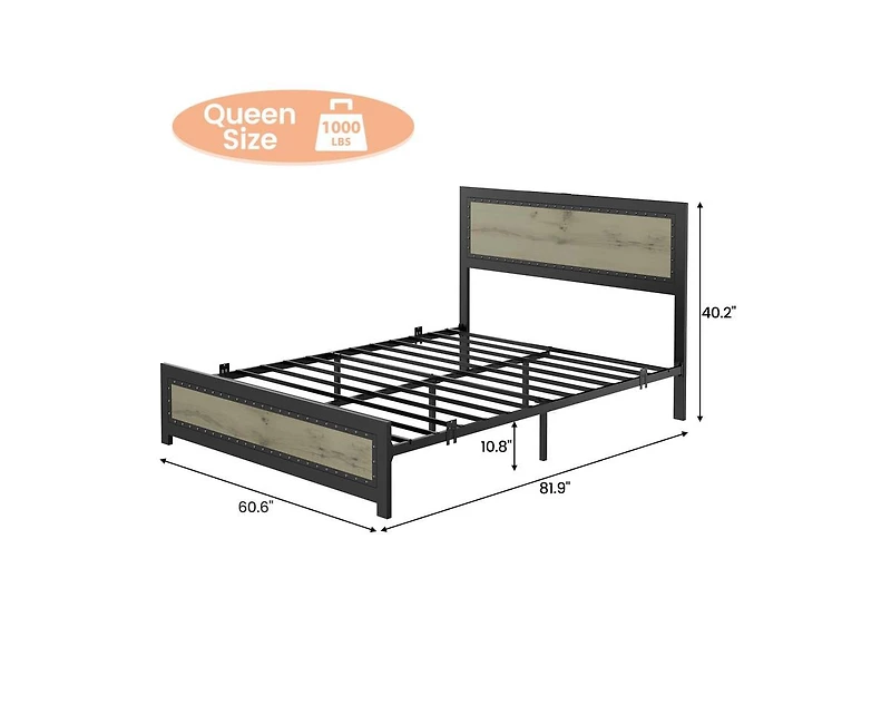 gaomon Queen Size Bed Frame, Industrial Wooden Platform Bed Frame with Rivet Headboard