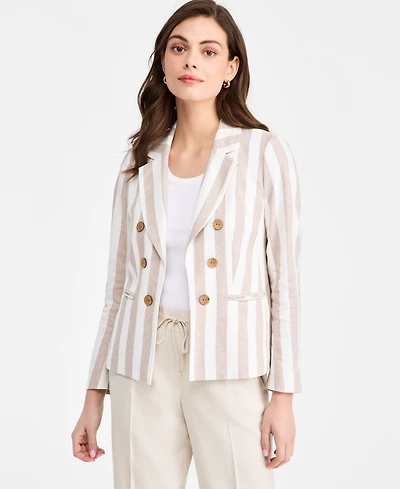 Jones New York Women's Faux Double Breasted Stripe Linen Jacket