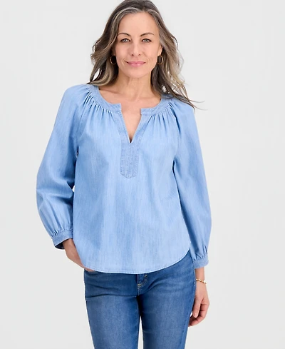 Style & Co Petite Denim Trapunto-Stitch Blouse, Macy's Exclusive