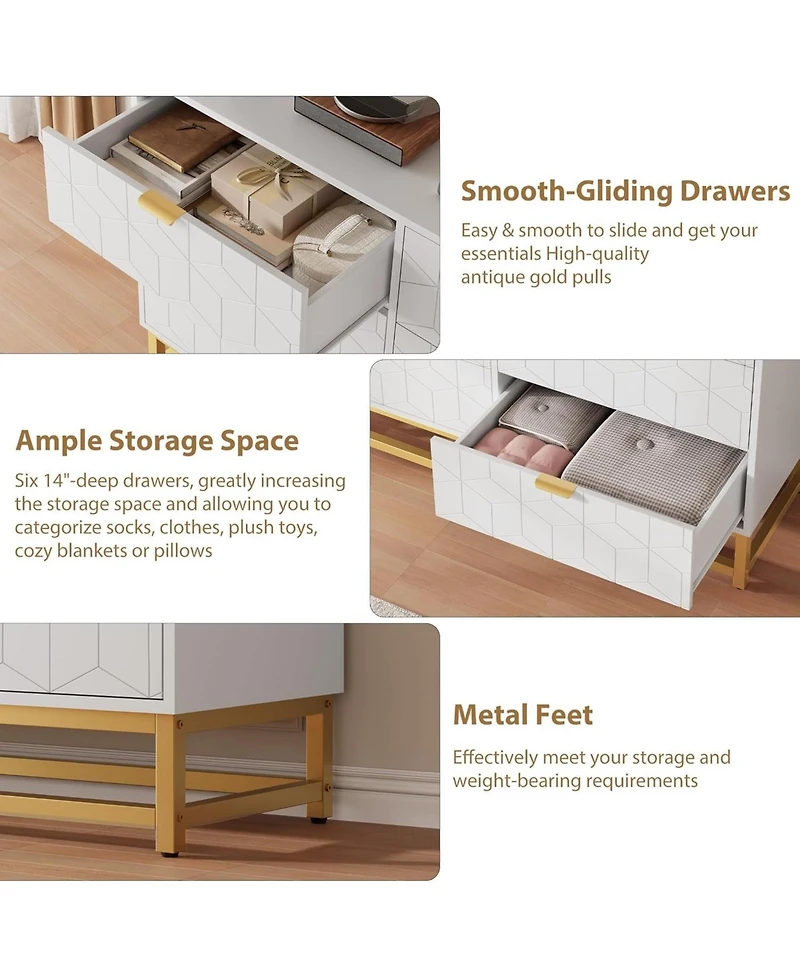 gaomon 47.2" Wide Modern 6 Drawer Dresser Chest, Gold Metal Legs & Handles, Wood Storage Organizer for Bedroom