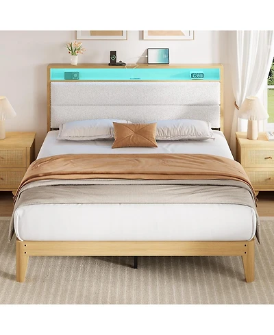 gaomon Queen white upholstered bed with Led lights and storage shelves