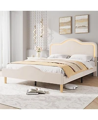 gaomon Queen Velvet Bed Frame with Led Headboard & Footboard, Princess Platform, Slats, Beige
