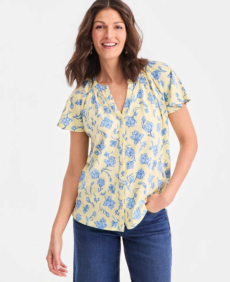 Style & Co Women's Printed Flutter-Sleeve Button-Front Top, Macy's Exclusive