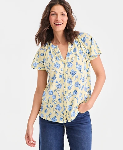 Style & Co Women's Printed Flutter-Sleeve Button-Front Top, Macy's Exclusive