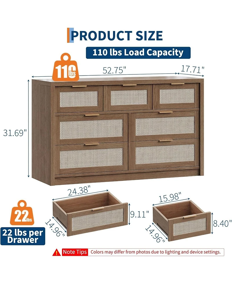 gaomon 53" Dresser for Bedroom 7 Drawer Boho Chest of Drawers, Large Storage Cabinet for Clothes, Tv Stand for Living Room, Wood Accent Furniture