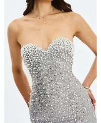 Miss Circle Women's Noelle Silver Sequin Pearl-Embellished Sweetheart Maxi Dress