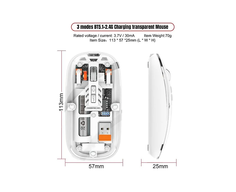 Risokeys Transparent Tri Mode Wireless Mouse Rechargeable Silent 800 1200 1600 Dpi Office Mouse