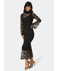 Bebe Women's Lace Turtleneck Illusion Maxi Dress
