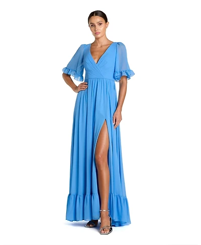 Mac Duggal Women's V Neck Flutter Sleeve Chiffon Faux Wrap Maxi Gown