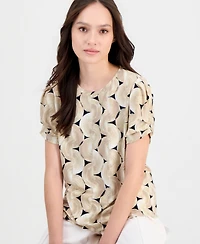 Anne Klein Essentials Petite Printed Gathered-Sleeve Top