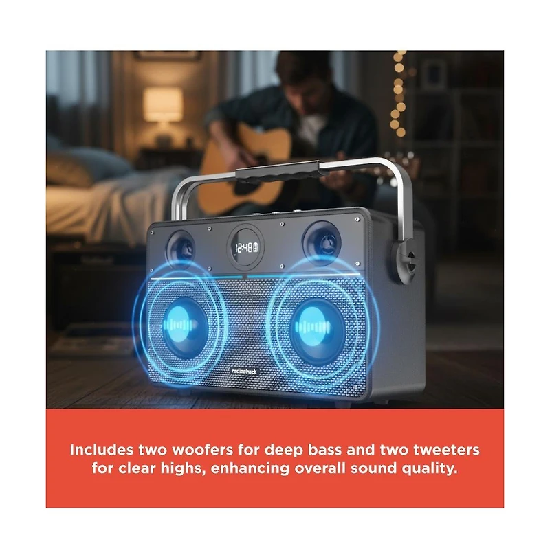 RadioShack 80W Wireless Speaker, Bluetooth/Usb/Aux, Guitar & Mic Inputs, Metallic Finish and Grill For Powerful Sound – Model 4001985