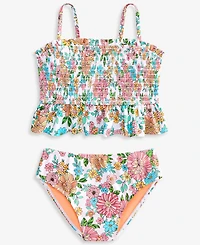 Breaking Waves Girls' 7-16 Floral-Print Smocked Peplum Longline Swimsuit, 2-Piece Set