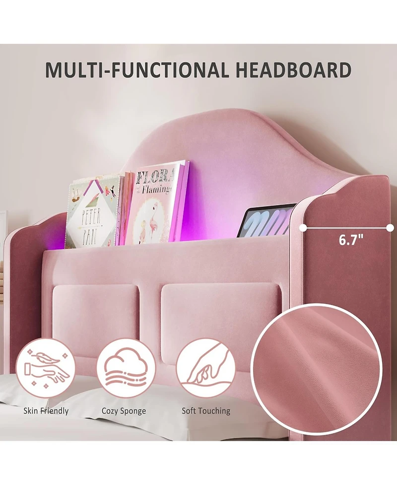 gaomon Twin Bed Frame for Kids, Velvet Platform, Wingback Headboard, Led & Storage Bookcase, Pink