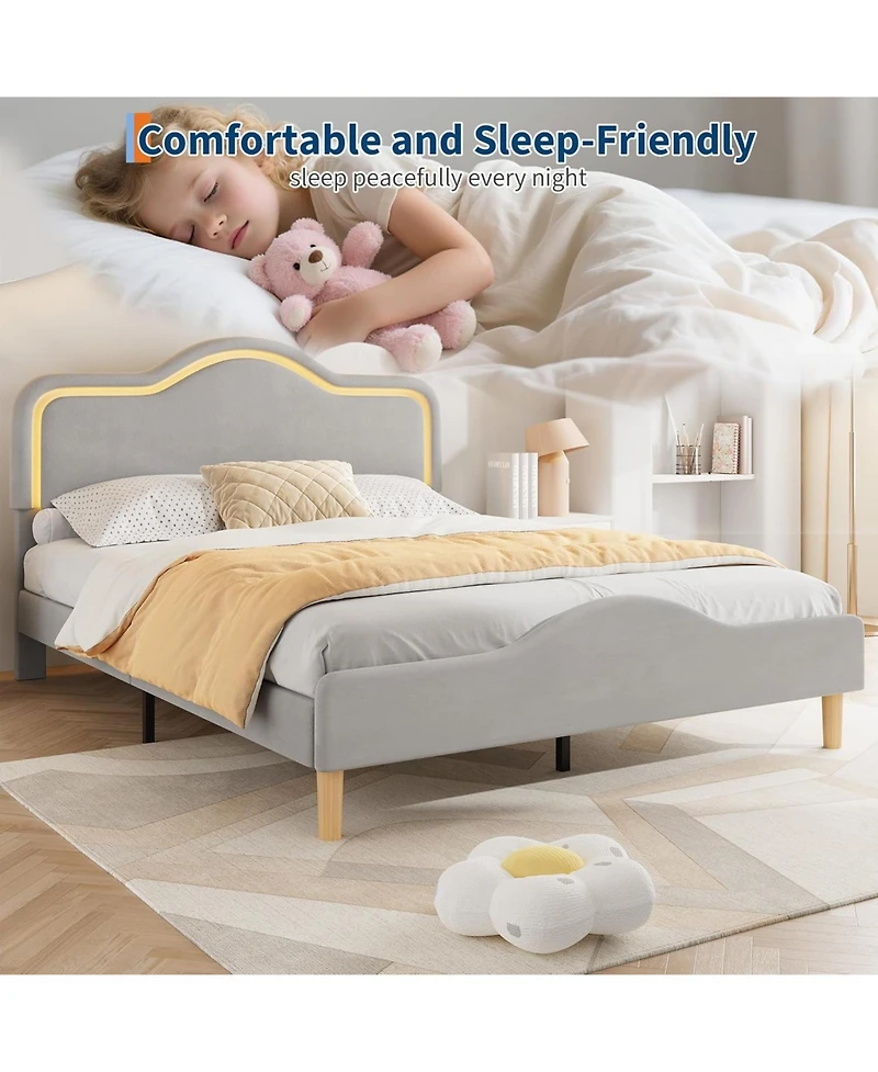 gaomon Full Velvet Bed Frame with Led Headboard, Adjustable, Princess Platform for Kids/Girls, No Box Spring, Grey