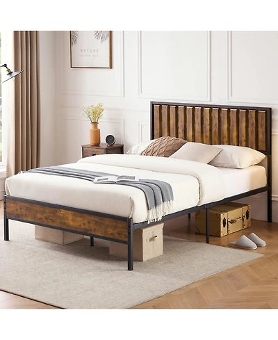 gaomon Full Bed Frame with Wood Headboard, Platform Metal Bed with 14 Heavy-Duty Steel Slats