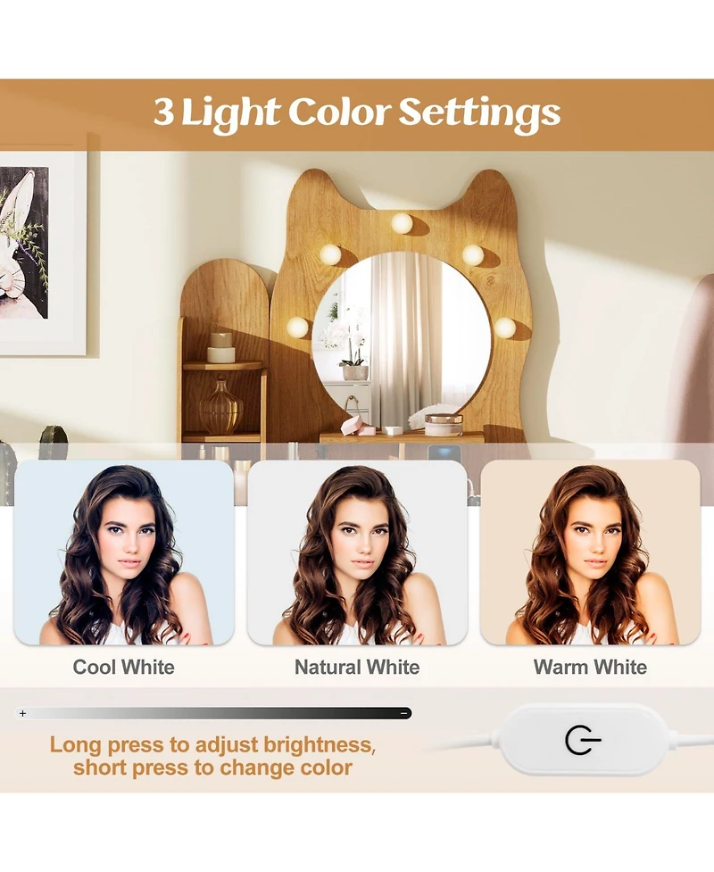 Volenca Small Kitty Vanity Desk with Lighted Mirror and Power Outlets, Makeup Table