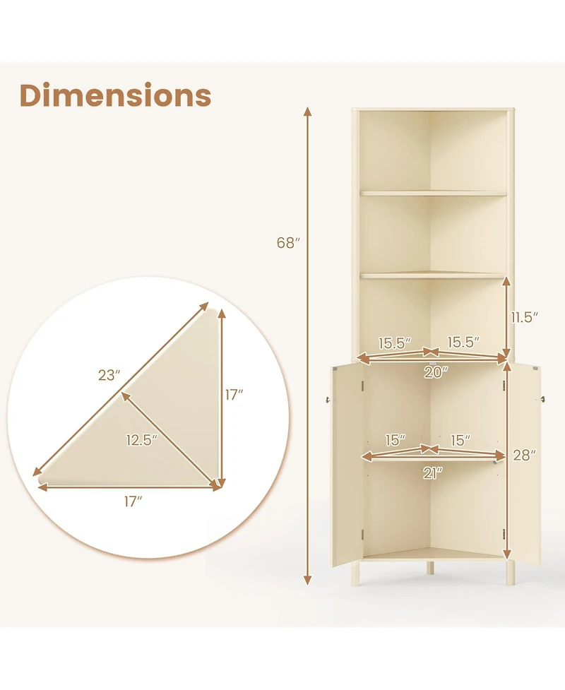 Volenca 68" Tall Corner Bathroom Cabinet with 5 Shelves and 2 Fluted Doors, Space-Saving