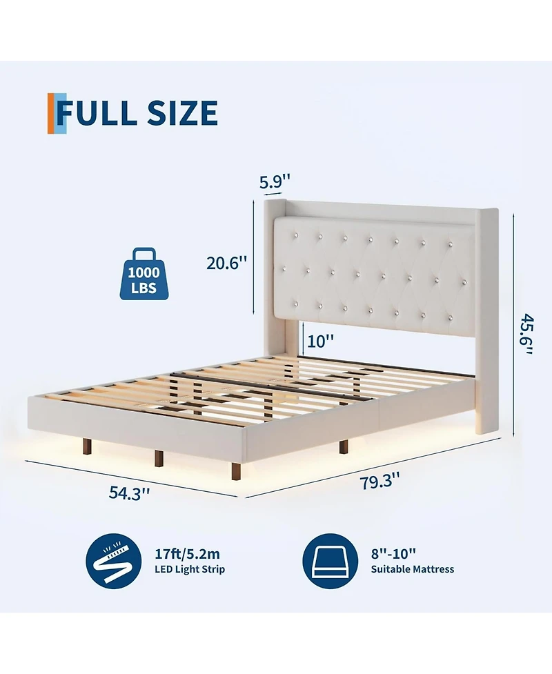 gaomon Full Floating Bed Frame with Led Lights, Velvet Upholstered Platform, Storage Headboard
