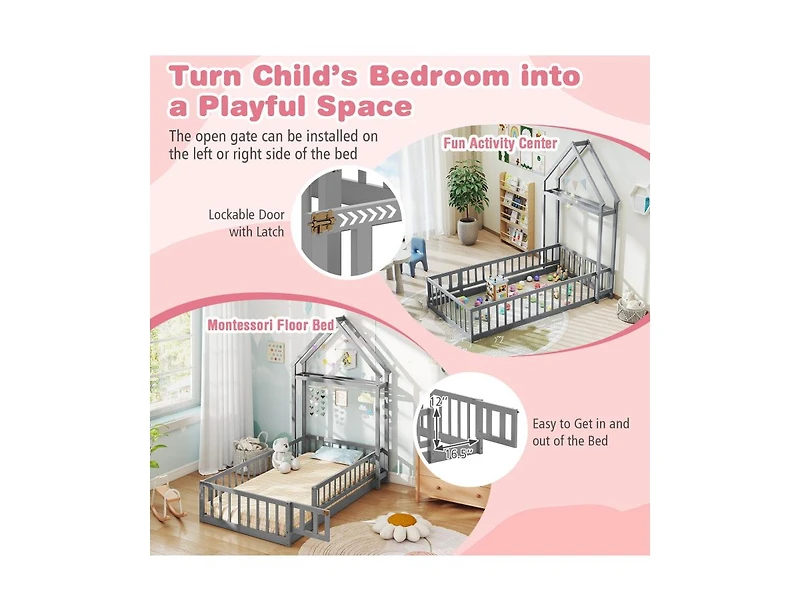 Slickblue House Style Twin Floor Bed with Decorative Headboard - 48