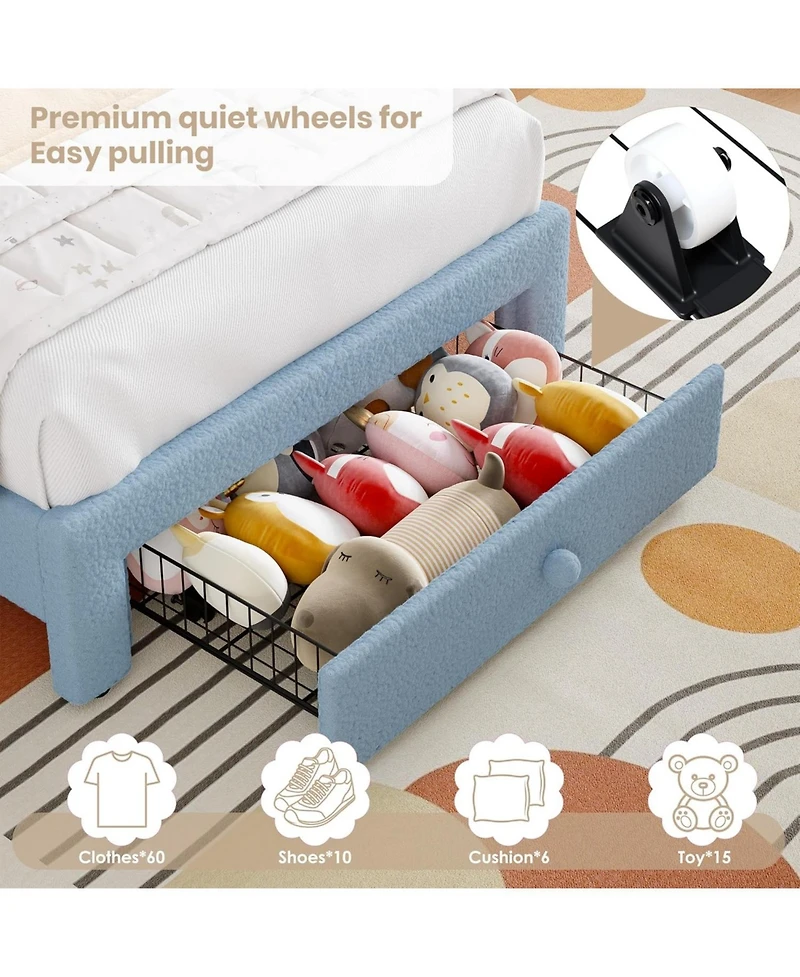 gaomon Twin Led Bed Frame with Storage Drawer, Rainbow Headboard, Fleece Princess Platform for Kids, Wood Slats