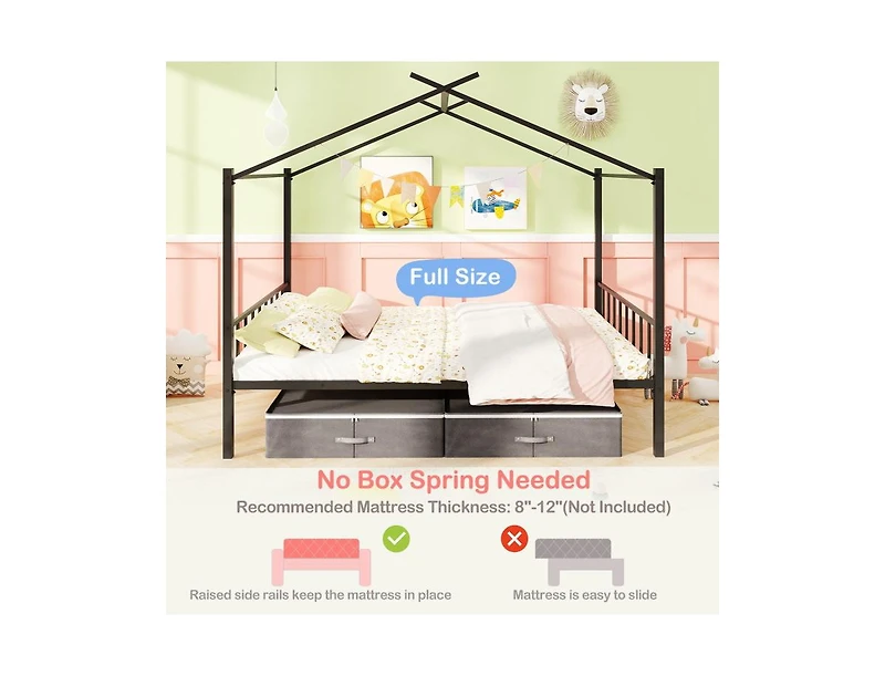 Slickblue Kids Full Metal House Bed with Roof Frame and Fabric Drawers - 56