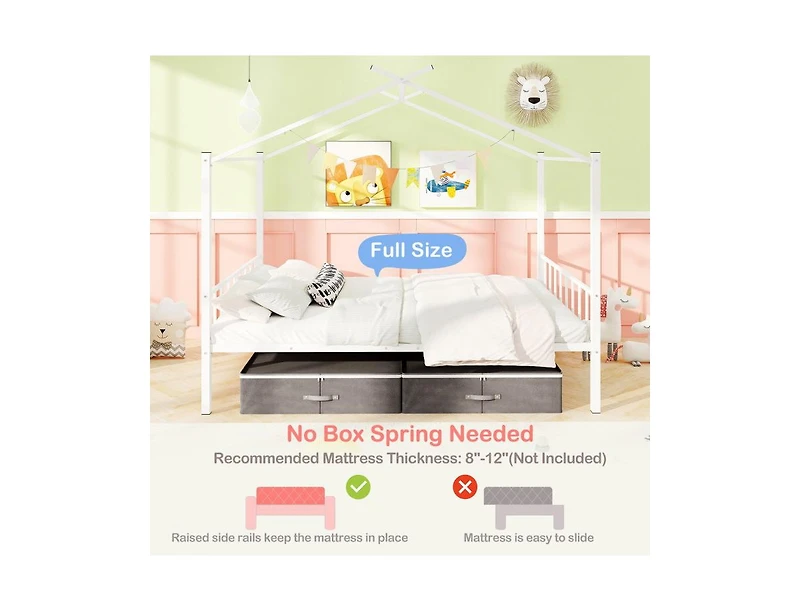 Slickblue Kids Full Metal House Bed with Roof Frame and Fabric Drawers - 56