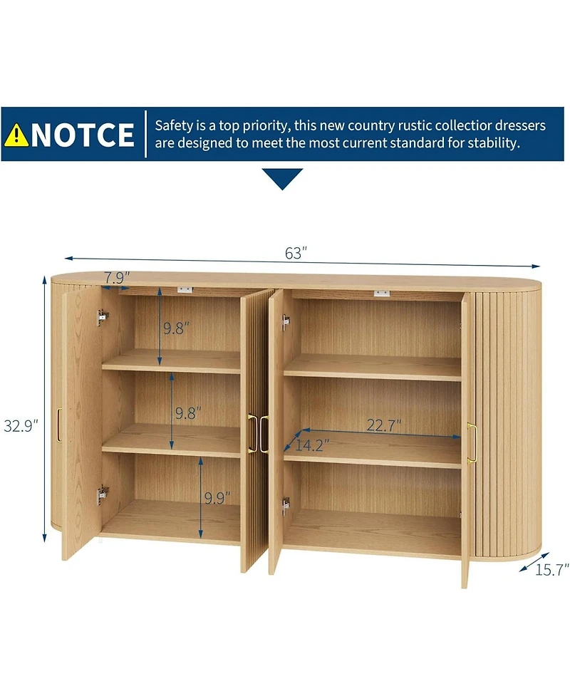 Gaomon 63" Buffet Sideboard Cabinet, Fluted Credenza with Adjustable Shelves, Modern Storage Console Table
