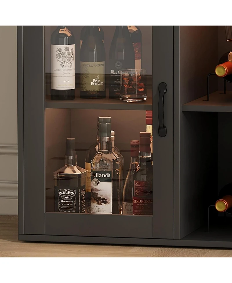 Gaomon Wine Bar Cabinet with Led Lights & Power Outlets, Farmhouse Liquor Rack Glass Holder