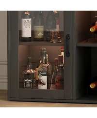 Gaomon Wine Bar Cabinet with Led Lights & Power Outlets, Farmhouse Liquor Rack Glass Holder