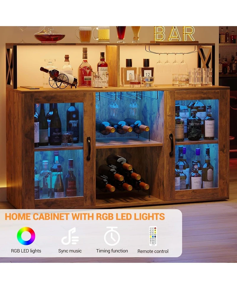 Gaomon Wine Bar Cabinet with Led Lights & Power Outlets, Farmhouse Liquor Rack Glass Holder